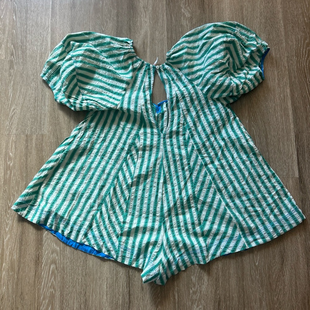 Free People Green and White Striped Puff-Sleeve Mini Dress - Picture 5 of 6